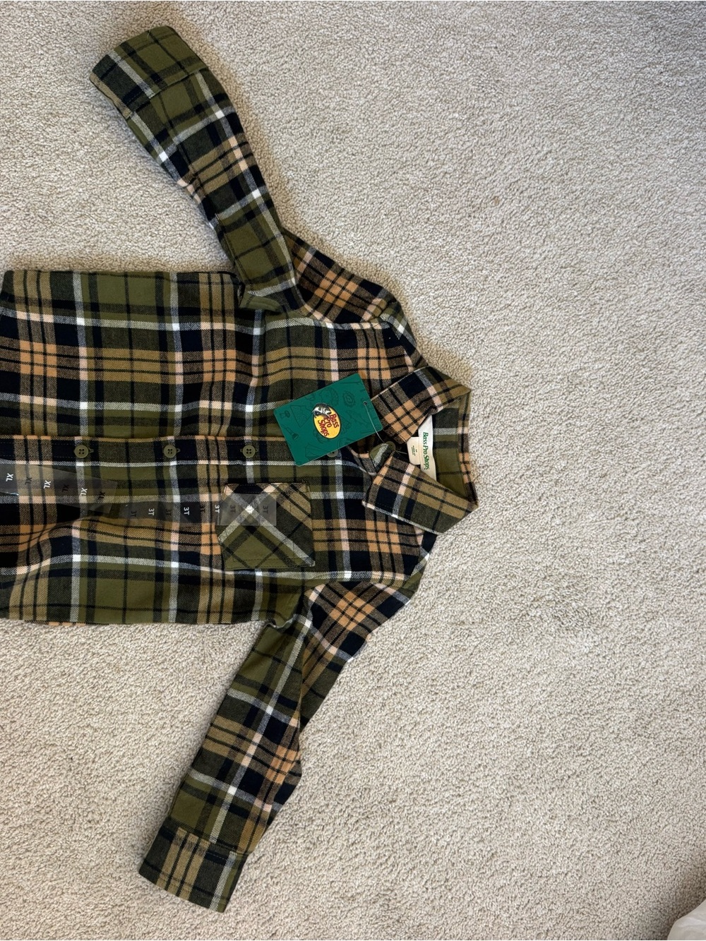 Bass Pro Shops Olive Green Black Tan Plaid Button-Down Shirt